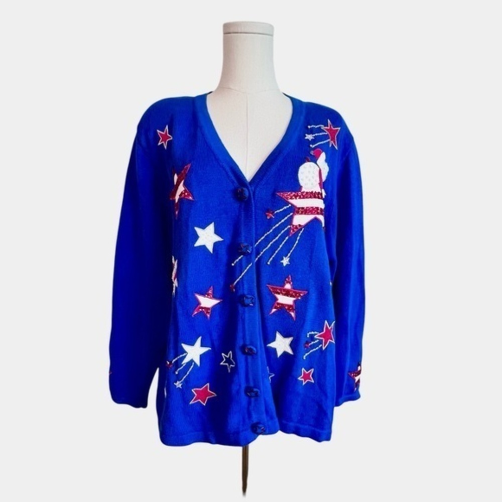 Jack B. Quick Stars & Stripes Santa Christmas Sweater Red White Blue Women XL-1X